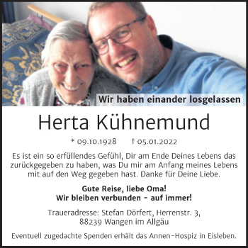 Traueranzeige von Herta Kühnemund von Trauerkombi Mansfelder Land