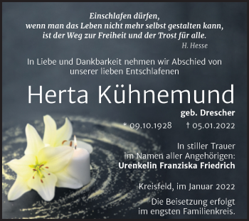 Traueranzeige von Herta Kühnemund von Trauerkombi Mansfelder Land