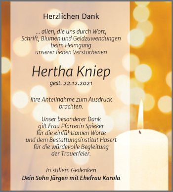Traueranzeige von Hertha Kniep von Trauerkombi Wittenberg