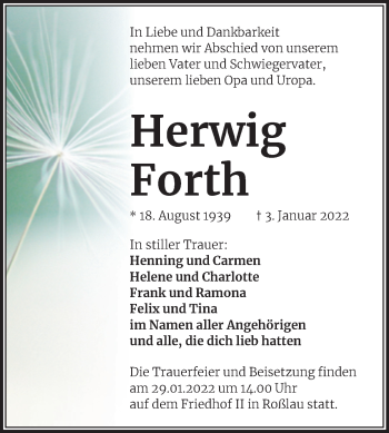 Traueranzeige von Herwig Forth von Trauerkombi Dessau