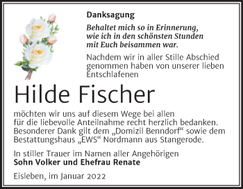 Traueranzeige von Hilde Fischer von Trauerkombi Mansfelder Land