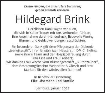 Traueranzeige von Hildegard Brink von Trauerkombi Bernburg