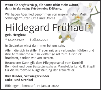 Traueranzeige von Hildegard Frühauf von Trauerkombi Mansfelder Land