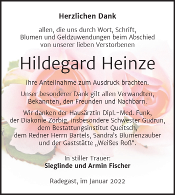 Traueranzeige von Hildegard Heinze von Trauerkombi Köthen