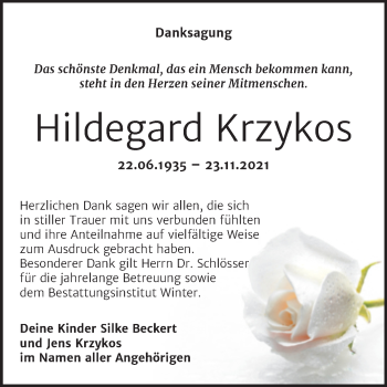 Traueranzeige von Hildegard Krzykos von Trauerkombi Bitterfeld