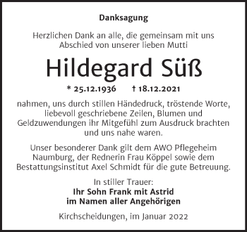Traueranzeige von Hildegard Süß von Wochenspiegel Naumburg/Nebra