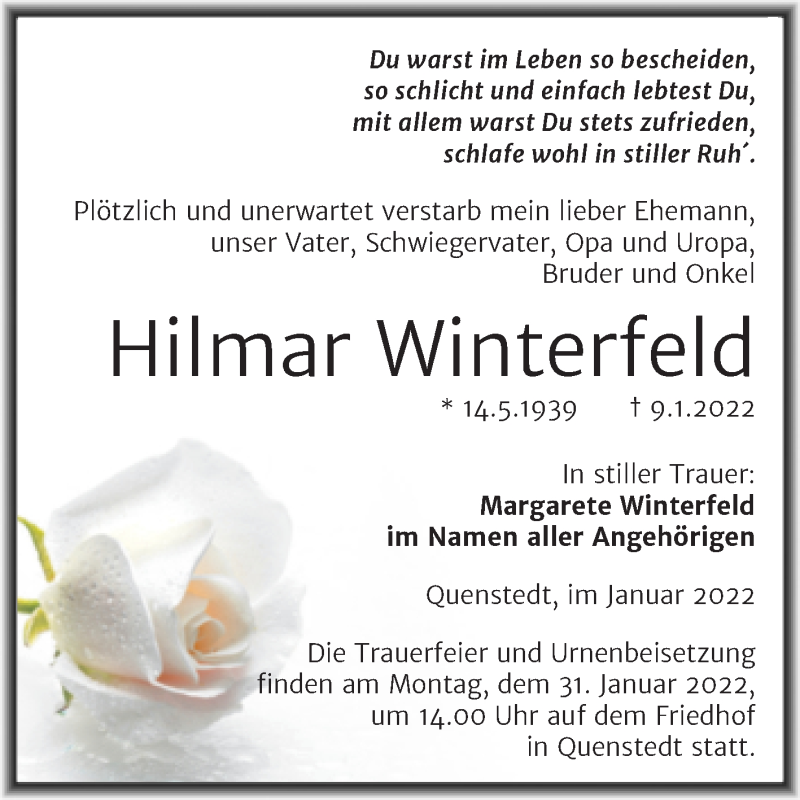  Traueranzeige für Hilmar Winterfeld vom 14.01.2022 aus Trauerkombi Mansfelder Land