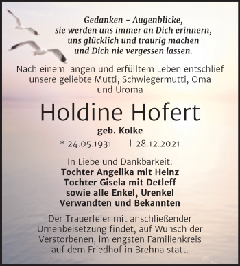 Traueranzeige von Holdine Hofert von Trauerkombi Bitterfeld