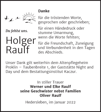 Traueranzeige von Holger Raulf von Trauerkombi Quedlinburg