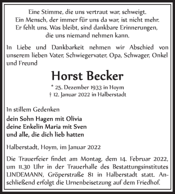Traueranzeige von Horst Becker von Trauerkombi Aschersleben