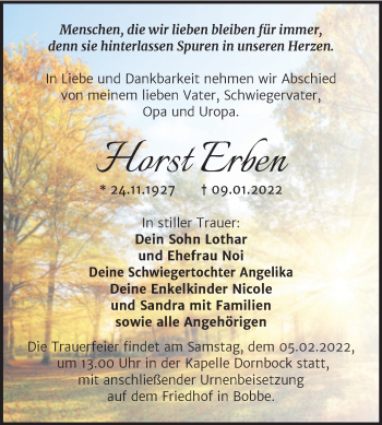 Traueranzeige von Horst Erben von Trauerkombi Köthen
