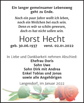Traueranzeige von Horst Hecht von Trauerkombi Weißenfels