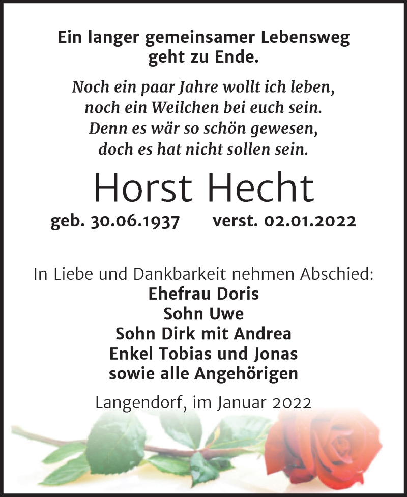  Traueranzeige für Horst Hecht vom 12.01.2022 aus Trauerkombi Weißenfels