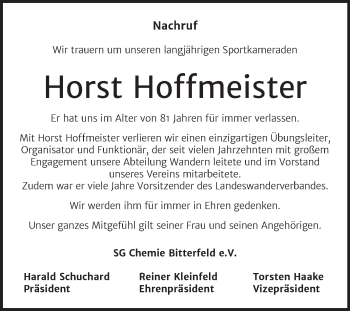 Traueranzeige von Horst Hoffmeister von Trauerkombi Bitterfeld