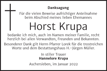 Traueranzeige von Horst Krupa von Trauerkombi Aschersleben