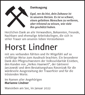 Traueranzeige von Horst Lindner von Trauerkombi Mansfelder Land