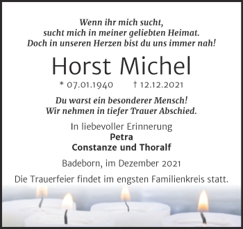 Traueranzeige von Horst Michel von Wochenspiegel Quedlingburg