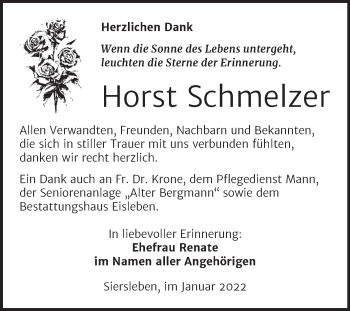 Traueranzeige von Horst Schmelzer von Trauerkombi Mansfelder Land