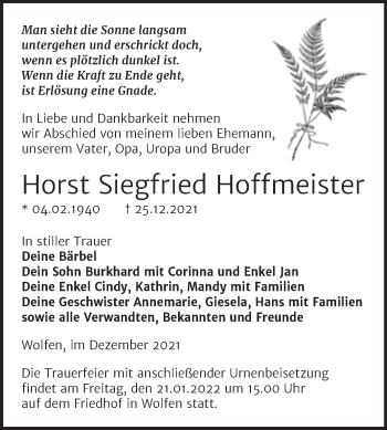 Traueranzeige von Horst Siegfried Hoffmeister von Trauerkombi Bitterfeld