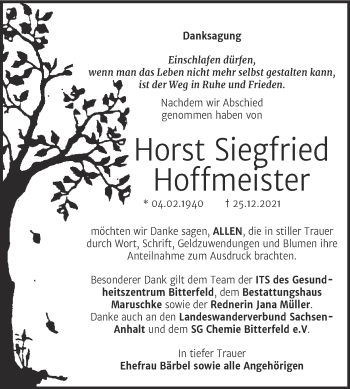 Traueranzeige von Horst Siegfried Hoffmeister von Trauerkombi Bitterfeld