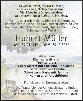 Traueranzeige von Hubert Müller von Trauerkombi Merseburg