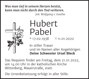 Traueranzeige von Hubert Pabel von Trauerkombi Wittenberg