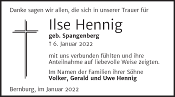 Traueranzeige von Ilse Hennig von Trauerkombi Bernburg