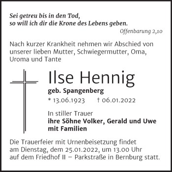Traueranzeige von Ilse Hennig von Trauerkombi Bernburg