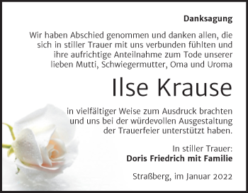 Traueranzeige von Ilse Krause von Trauerkombi Quedlinburg