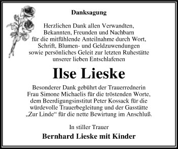 Traueranzeige von Ilse Lieske von Trauerkombi Dessau