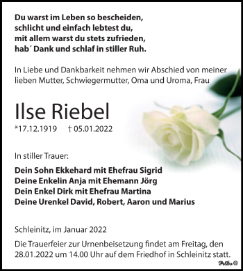 Traueranzeige von Ilse Riebel von Trauerkombi Zeitz