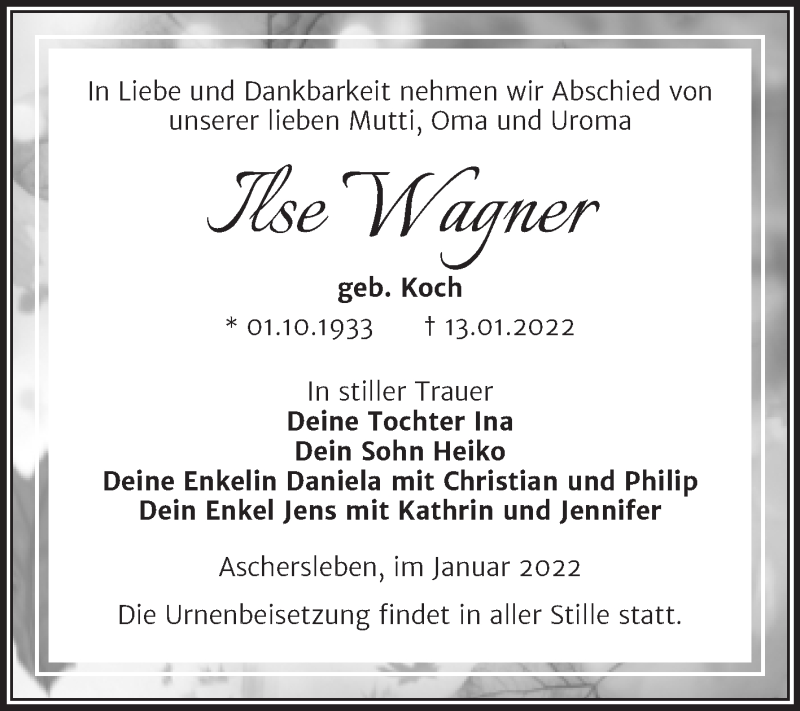  Traueranzeige für Ilse Wagner vom 22.01.2022 aus Trauerkombi Aschersleben