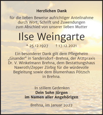 Traueranzeige von Ilse Weingarte von Trauerkombi Bitterfeld