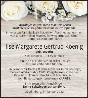 Traueranzeige von Ilse Margarete Gertrud Koenig von Trauerkombi Quedlinburg
