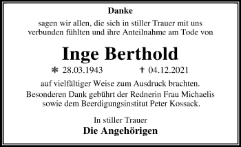 Traueranzeige von Inge Berthold von Trauerkombi Dessau