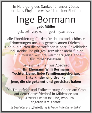 Traueranzeige von Inge Bormann von Trauerkombi Dessau