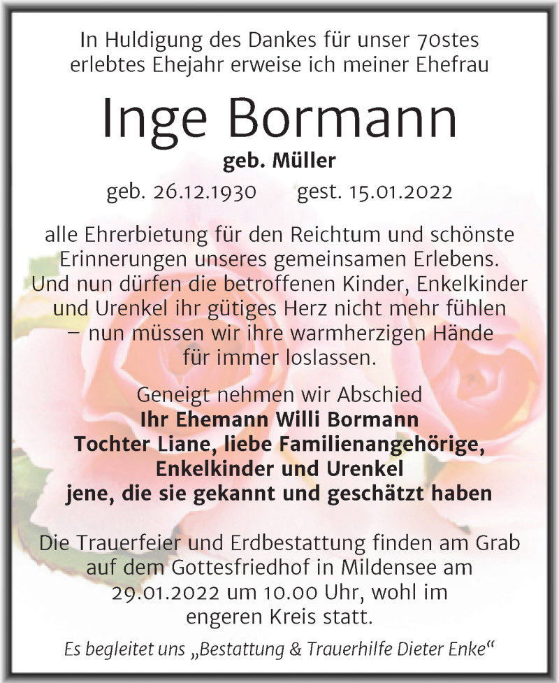  Traueranzeige für Inge Bormann vom 22.01.2022 aus Trauerkombi Dessau