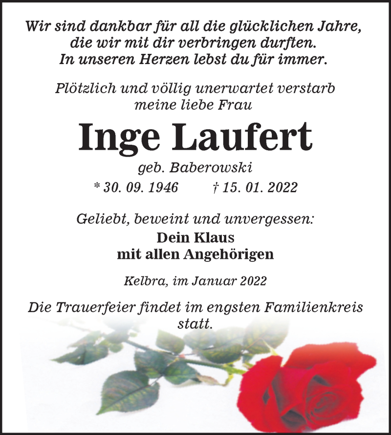  Traueranzeige für Inge Laufert vom 22.01.2022 aus Trauerkombi Sangerhausen