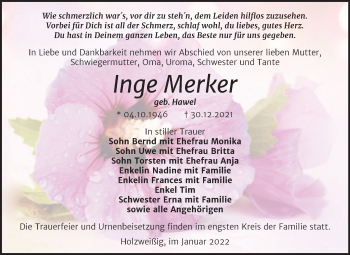 Traueranzeige von Inge Merker von Trauerkombi Bitterfeld