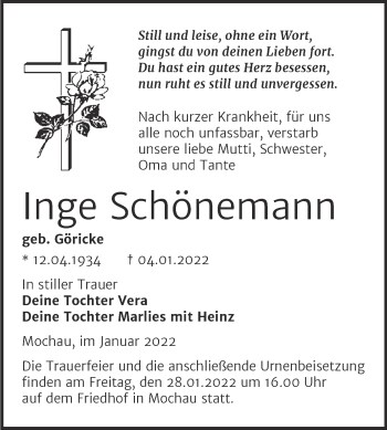 Traueranzeige von Inge Schönemann von Trauerkombi Wittenberg