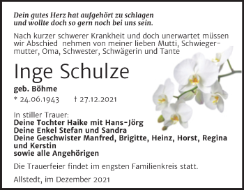 Traueranzeige von Inge Schulze von Trauerkombi Sangerhausen