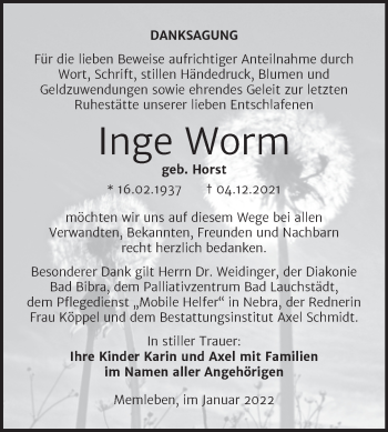 Traueranzeige von Inge Worm von Naumburger Tageblatt