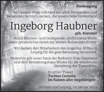 Traueranzeige von Ingeborg Haubner von Trauerkombi Bitterfeld