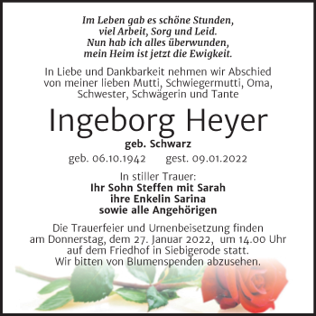 Traueranzeige von Ingeborg Heyer von Trauerkombi Mansfelder Land