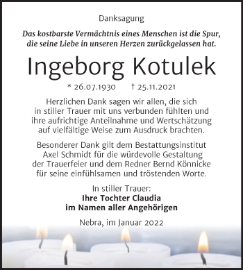 Traueranzeige von Ingeborg Kotulek von Wochenspiegel Naumburg/Nebra
