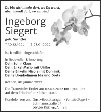 Traueranzeige von Ingeborg Siegert von Trauerkombi Köthen