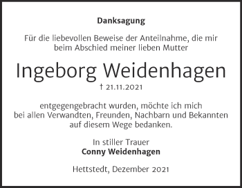 Traueranzeige von Ingeborg Weidenhagen von Trauerkombi Mansfelder Land