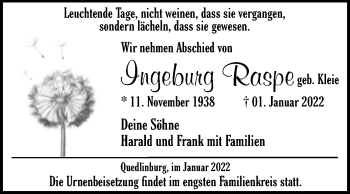 Traueranzeige von Ingeburg Raspe von Trauerkombi Quedlinburg