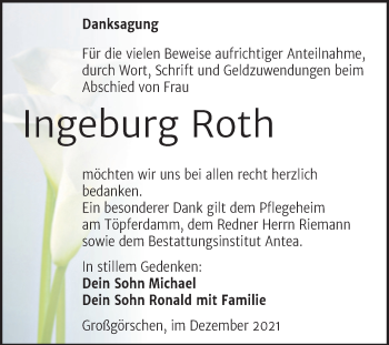 Traueranzeige von Ingeburg Roth von Trauerkombi Weißenfels