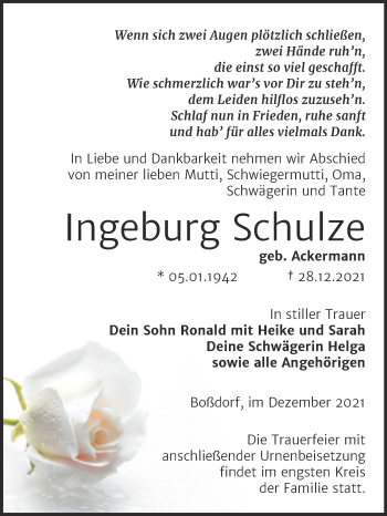 Traueranzeige von Ingeburg Schulze von Trauerkombi Wittenberg